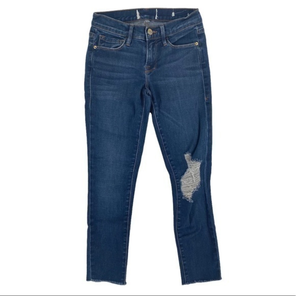 Frame Stretch Medium Wash Distressed Denim Crop Jean